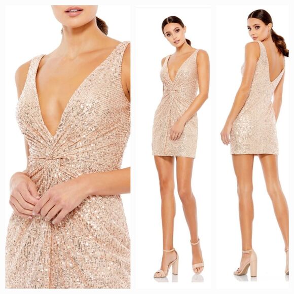 New MAC DUGGAL Rose/Gold Front Twist Plunging Sequined Mini Dress Wm's (4) $278